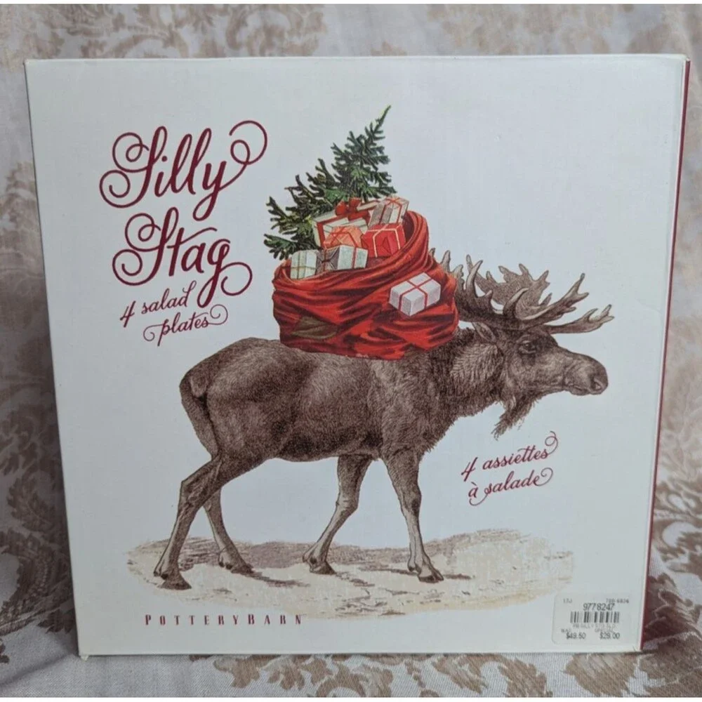 Pottery Barn Silly Stag Appetizer Plates Set of 4 Reindeer Round Red Trim